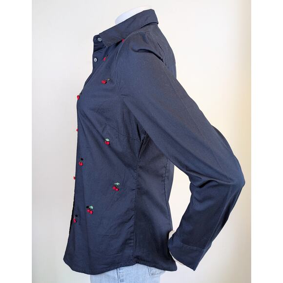 J Crew Womens Button Down Shirt 8 Slim Navy Red 3D Cherry Pom Pom Embroidery - Picture 4 of 10